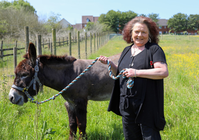 A woman in a black shirt stands smiling in a field, holding a leash attached to a calm donkey.